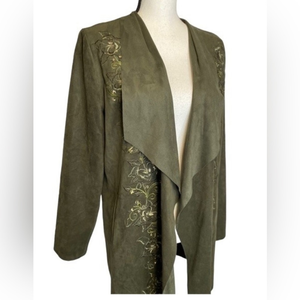 Chicos embroidered faux suede drape jacket - olive green sz 1 (8/10)